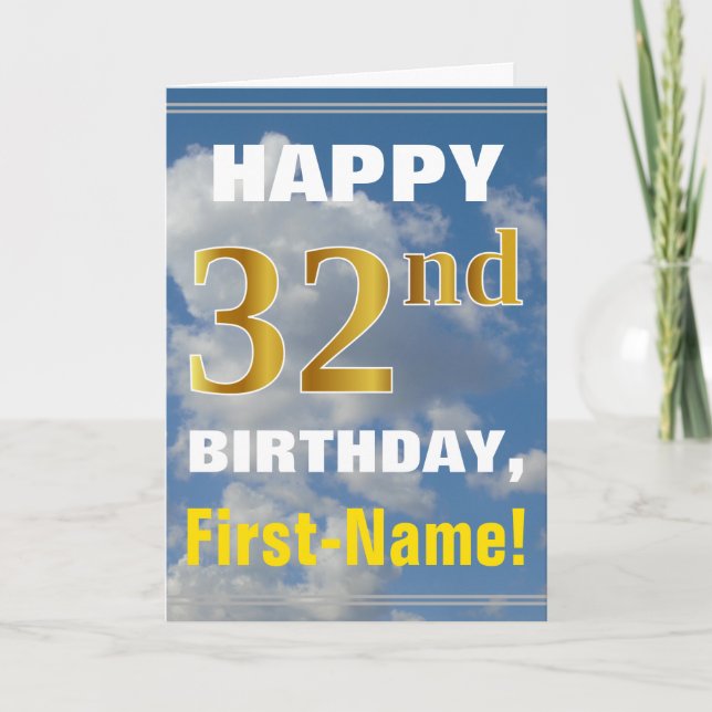 Bold, Cloudy Sky, Faux Gold 32nd Birthday + Name Card (Front)
