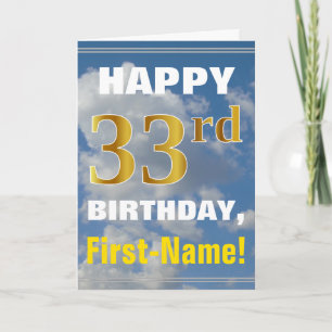 Bold, Cloudy Sky, Faux Gold 33rd Birthday + Name Card