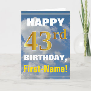 Bold, Cloudy Sky, Faux Gold 43rd Birthday + Name Card
