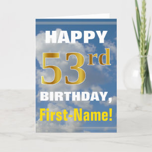 Bold, Cloudy Sky, Faux Gold 53rd Birthday + Name Card
