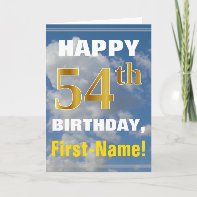 Bold, Cloudy Sky, Faux Gold 54th Birthday + Name Card (Front)