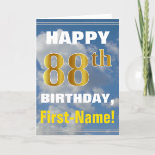 Bold, Cloudy Sky, Faux Gold 88th Birthday + Name Card