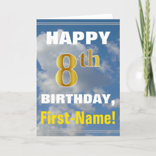 Bold, Cloudy Sky, Faux Gold 8th Birthday + Name Card