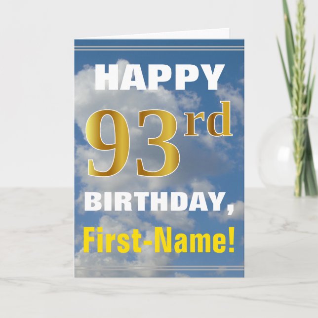 Bold, Cloudy Sky, Faux Gold 93rd Birthday + Name Card (Front)