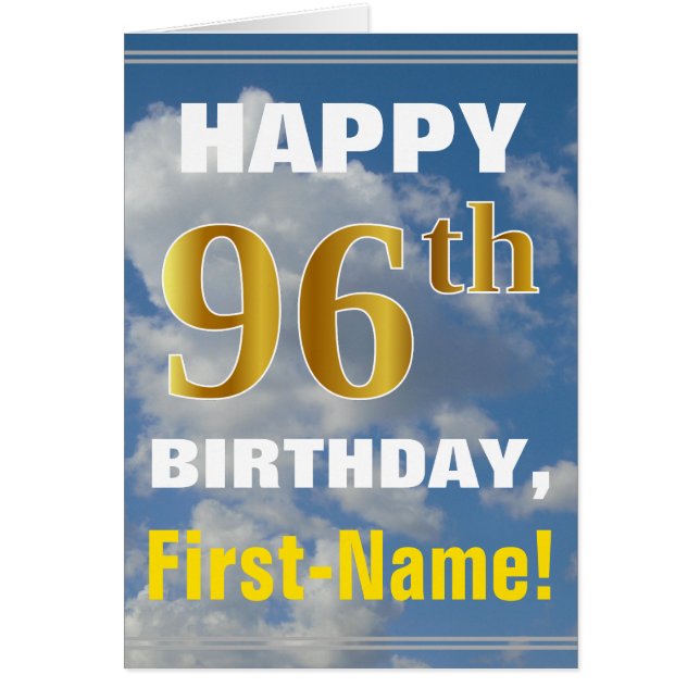 Bold, Cloudy Sky, Faux Gold 96th Birthday + Name (Front)