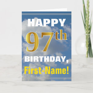 Bold, Cloudy Sky, Faux Gold 97th Birthday + Name Card