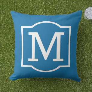 Bold Cobalt Blue White Bracket Monogram Outdoor Pillow