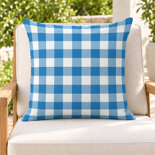 Bold Cobalt Blue White Gingham Plaid Check Outdoor Pillow