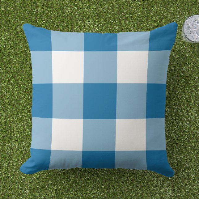 Bold Cobalt Blue White Large Gingham Check Outdoor Pillow (Grass)