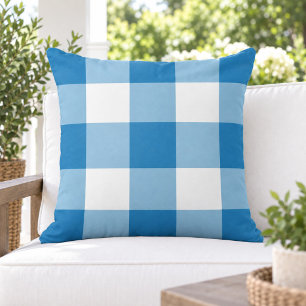 Bold Cobalt Blue White Large Gingham Check Outdoor Pillow
