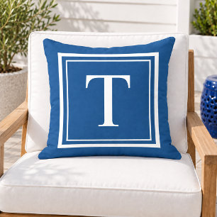 Bold Cobalt Blue White Square Frame Monogram Outdoor Pillow