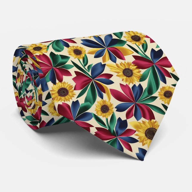 Bold Color-Block Floral Pattern Tie (Rolled)