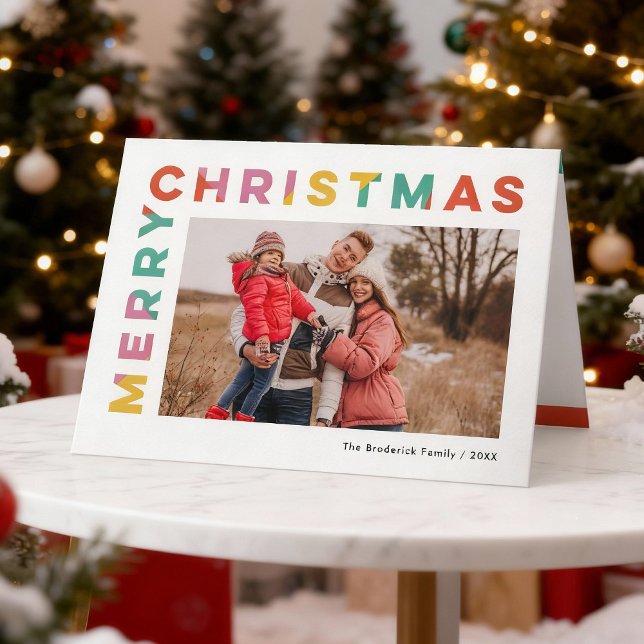 Bold Colorful Merry Christmas Photo  Holiday Card (bold, modern, colourful Merry Christmas folded card with photo insert.)