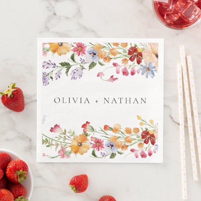 Bold Colorful Watercolor Wildflowers Wedding Napkin (Insitu)