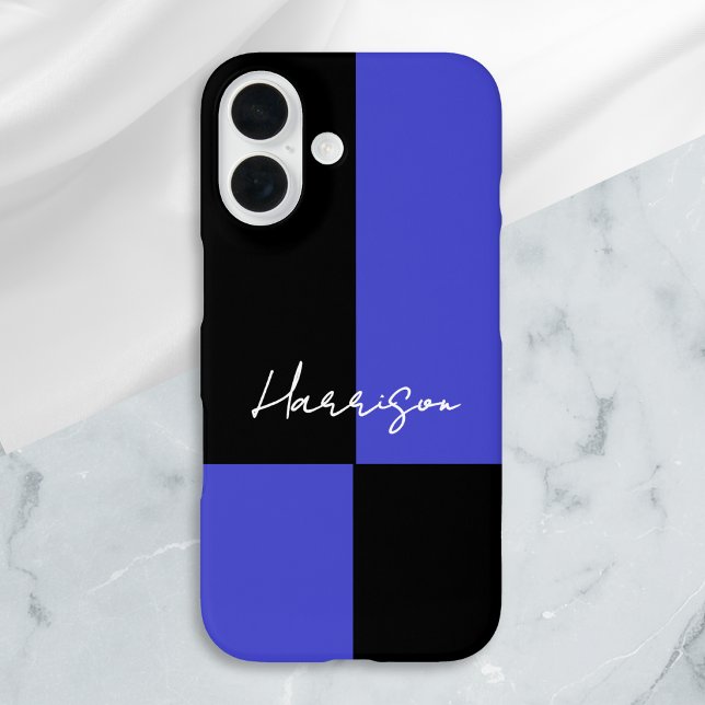 Bold Colour Block Blue and Black Personalized Case-Mate iPhone Case (A phone case with color block design in vibrant blue and sleek black, with personalized script name)