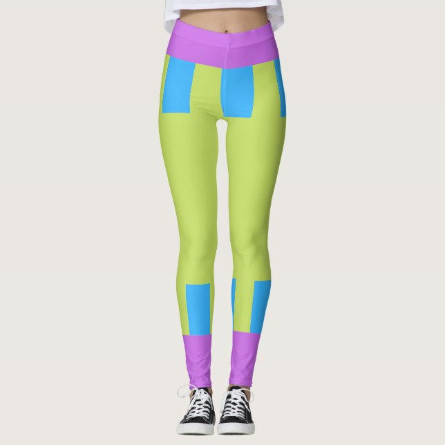 Bold Colour Blocks Green Blue Pink 7 Leggings (Front)