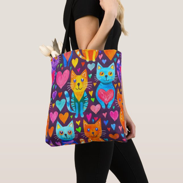 Bold colour kittens and hearts purple pattern tote bag (Close Up)