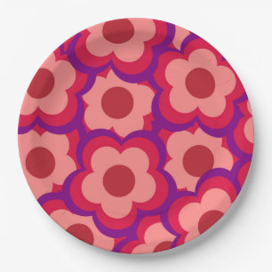 Bold Colour Retro Hippie Flower Pattern Paper Plate