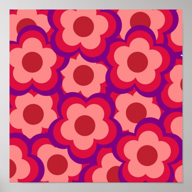 Bold Colour Retro Hippie Flower Pattern Poster (Front)