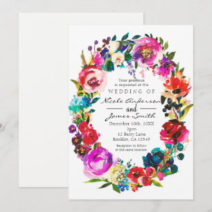 Bold Colour Watercolor Floral Wreath Wedding Invitation