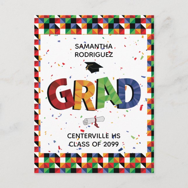 Bold Coloured Pattern Grad Party Invite Postcard (Front)