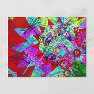 Bold Colourful Abstract Collage with Dragonflies Postcard