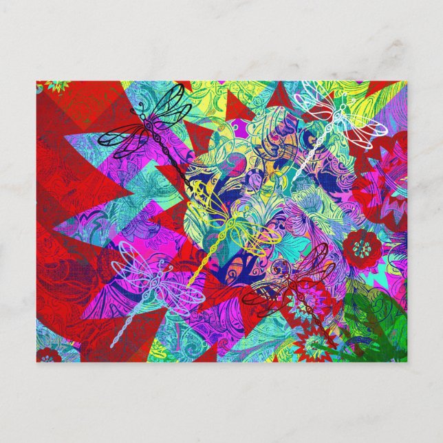 Bold Colourful Abstract Collage with Dragonflies Postcard (Front)