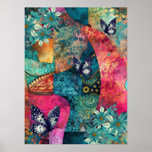 Bold Colourful Boho Floral Butterfly Abstract Art  Poster