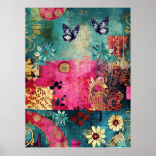 Bold Colourful Boho Floral Butterfly Abstract Art  Poster