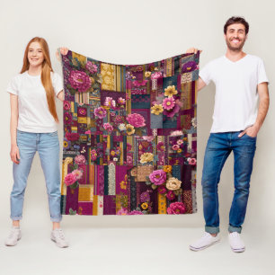 Bold Colourful Boho Floral Patchwork Pattern Fleece Blanket