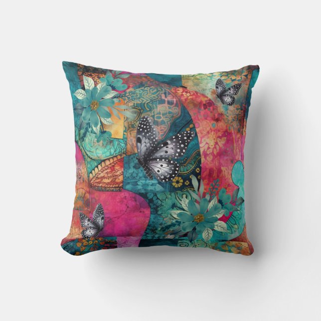 Bold Colourful Boho Floral Patchwork Pattern Throw Pillow (Front)
