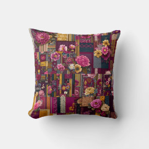Bold Colourful Boho Floral Patchwork Pattern Throw Pillow