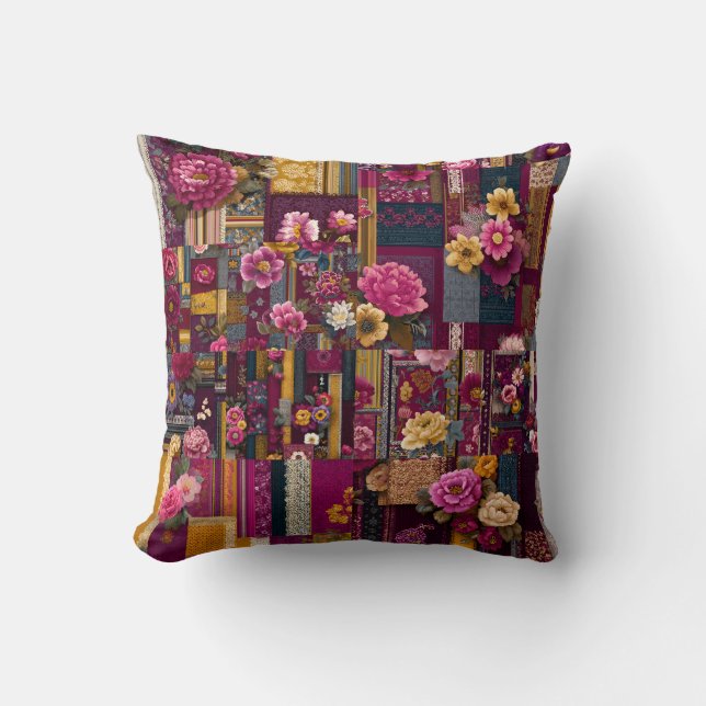 Bold Colourful Boho Floral Patchwork Pattern Throw Pillow (Front)