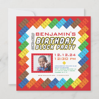 Bold Colourful Bricks Building Blocks Birthday Invitation