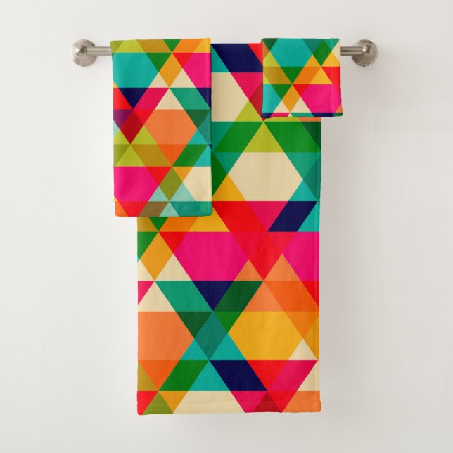 Bold Colourful Bright Geometric Triangle Pattern Bath Towel Set (Insitu)