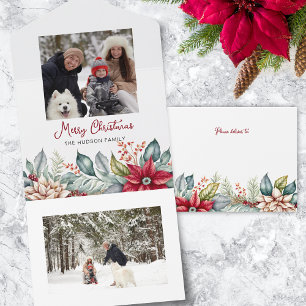 Bold Colourful Christmas Poinsettias Family Photo All In One Invitation