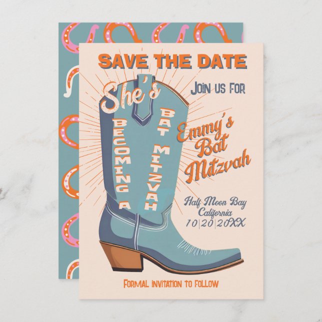 Bold Colourful Cowboy Western Bat Mitzvah  Invitation (Front/Back)