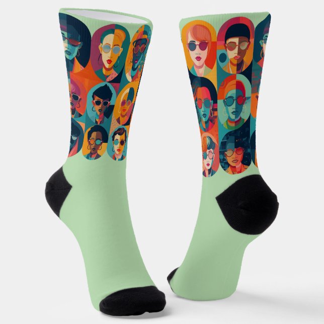 Bold, colourful faces celebrating individuality socks (Angled)