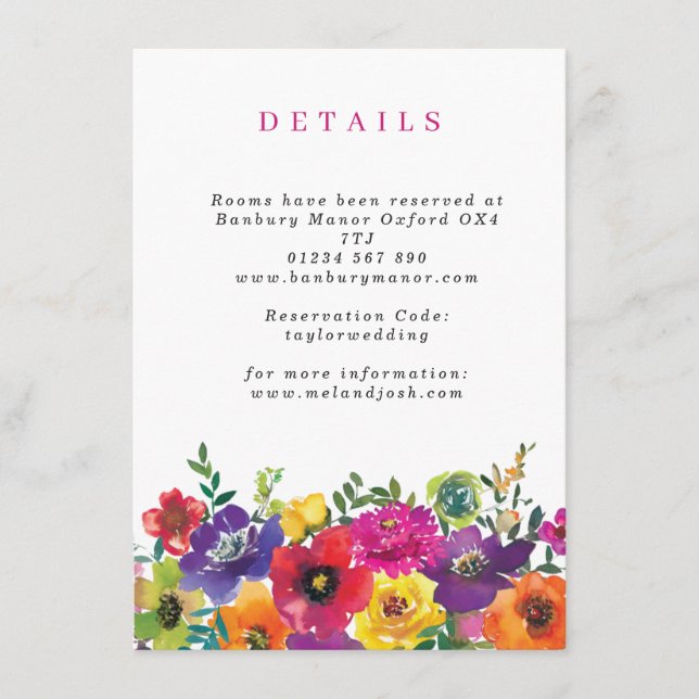 Bold Colourful Fiesta Flowers Vertical Details Enclosure Card (Front)