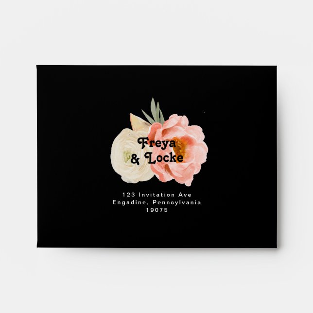 Bold Colourful Floral | Black Self-Addressed RSVP Envelope (Front)