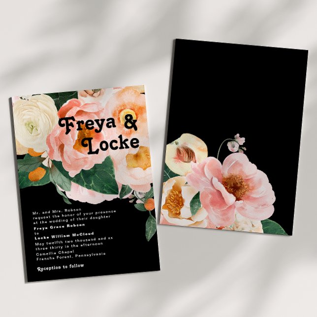 Bold Colourful Floral | Black Traditional Wedding Invitation (Creator Uploaded)