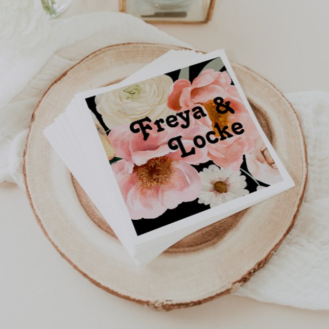 Bold Colourful Floral | Black Wedding Napkins (Creator Uploaded)