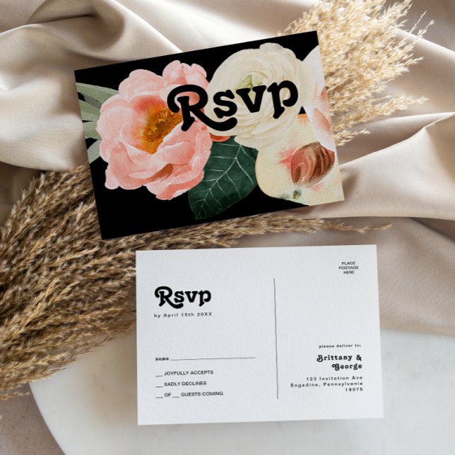 Bold Colourful Floral | Black Wedding RSVP Postcar Postcard (Creator Uploaded)