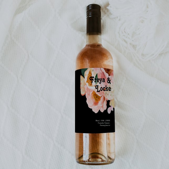 Bold Colourful Floral | Black Wedding Wine Label (Creator Uploaded)