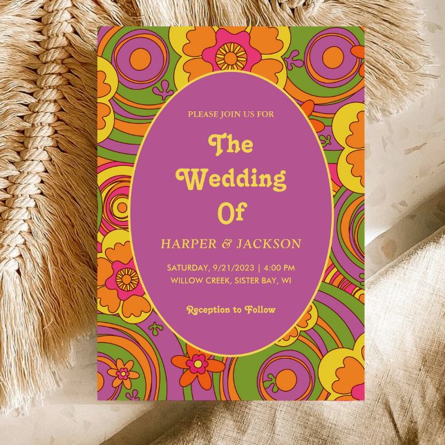 Bold Colourful Floral Retro 70s Wedding Hippie Invitation (Creator Uploaded)