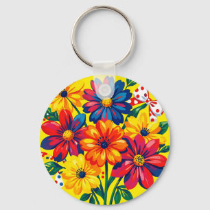 Bold Colourful Flowers Pop Art Bouquet Polka Dot Keychain