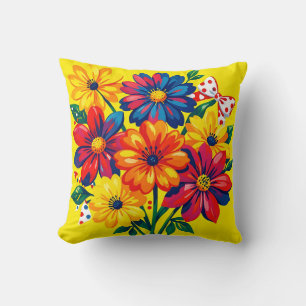 Bold Colourful Flowers Pop Art Bouquet Polka Dot Throw Pillow