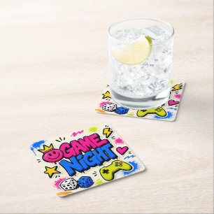 Bold Colourful Graffiti Game Night Good Vibes Square Paper Coaster