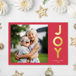 Bold Colourful JOY Christmas Photo Foil Holiday Card<br><div class="desc">This fun, bold Christmas holiday photo card features typography reading, "JOY" in real gold foil over a custom colour background (shown in bright red). The back contains a matching overlapping tissue paper Christmas trees design, which has a crafted, decoupage look. This playful card evokes a sense of laughter, love, and...</div>