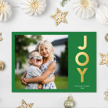 Bold Colourful JOY Christmas Photo Foil Holiday Card<br><div class="desc">This fun, bold Christmas holiday photo card features typography reading, "JOY" in real gold foil over a custom colour background (shown in bright green). The back contains a matching overlapping tissue paper Christmas trees design, which has a crafted, decoupage look. This playful card evokes a sense of laughter, love, and...</div>